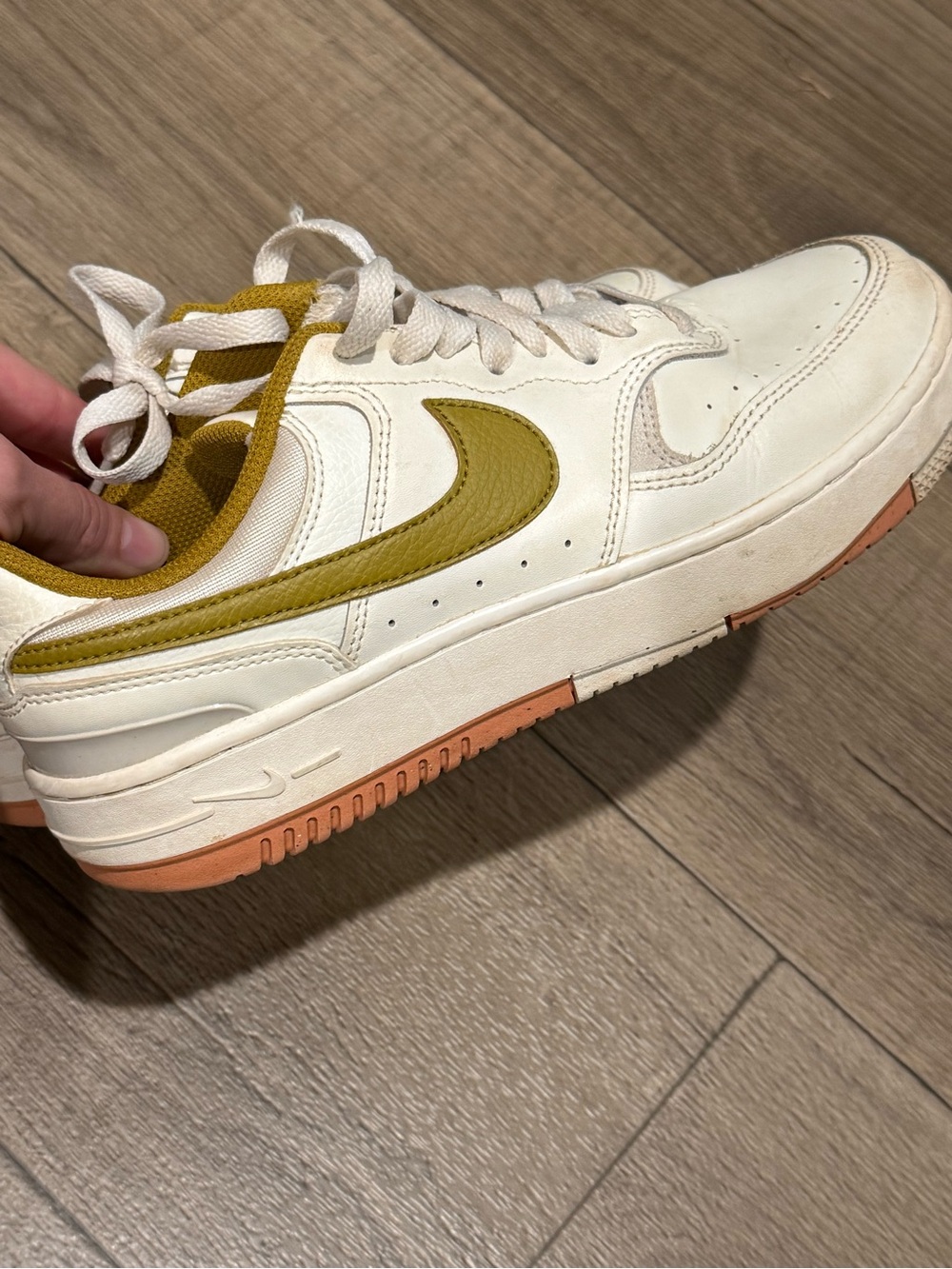 Nike Women's Gamma Force Sneakers- Cream, Olive/Mustard, and Peach